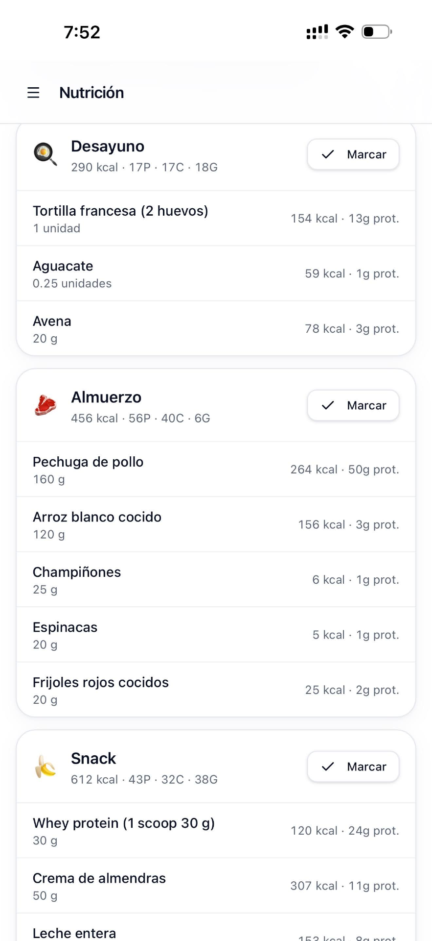 Pantalla de nutrición en VYRON