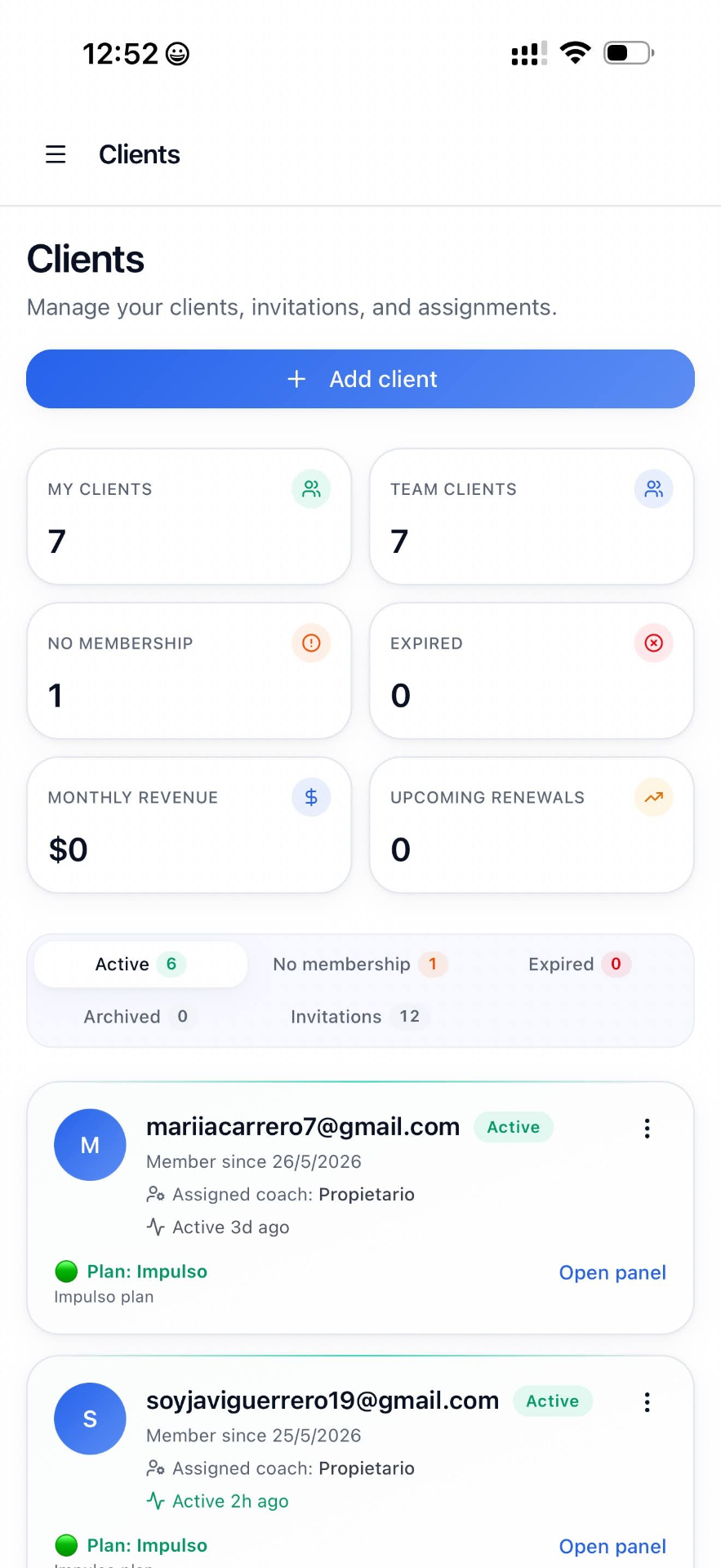 App móvil VYRON: panel de clientes